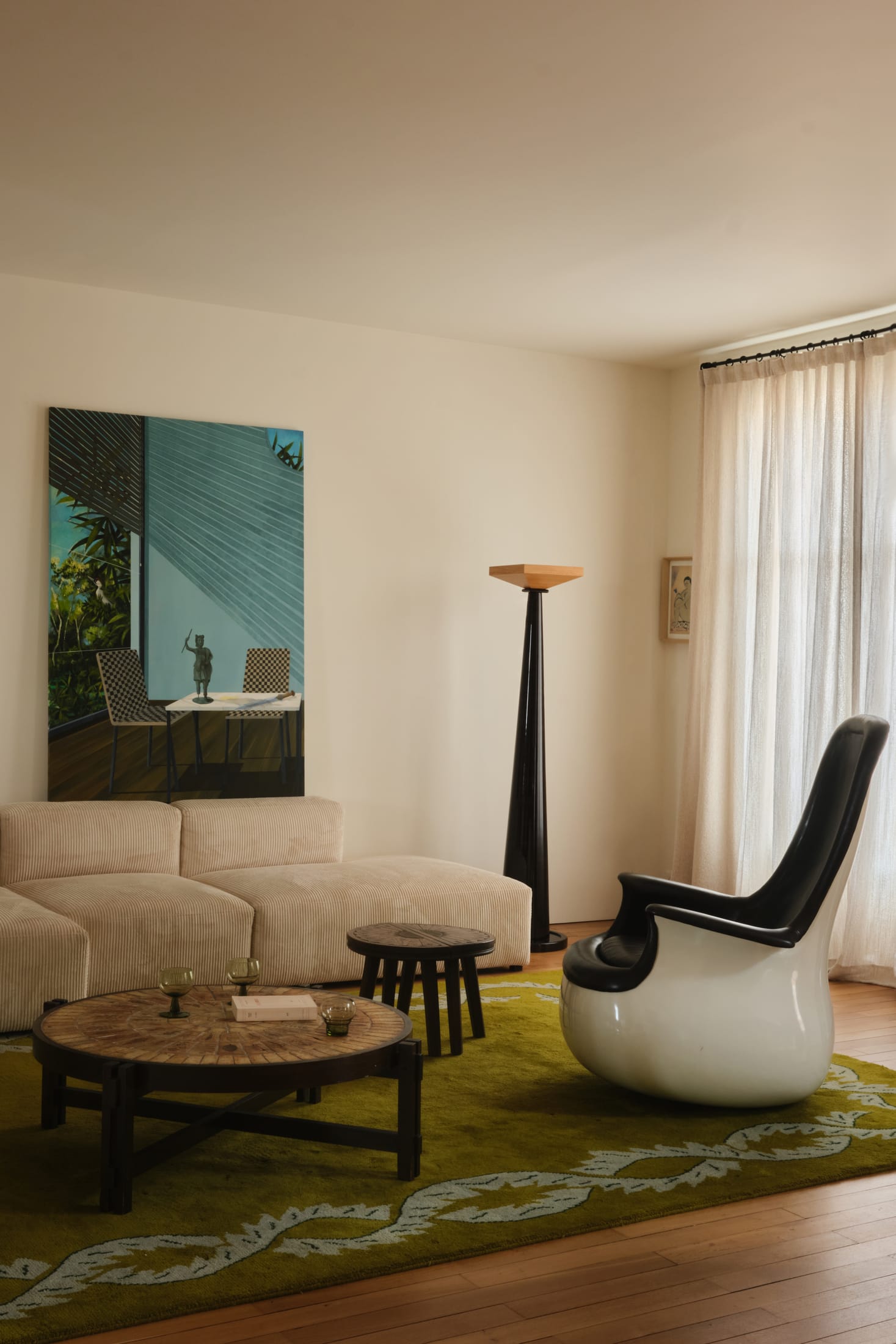 Close-up of custom wood shelving and millwork in a modern apartment.