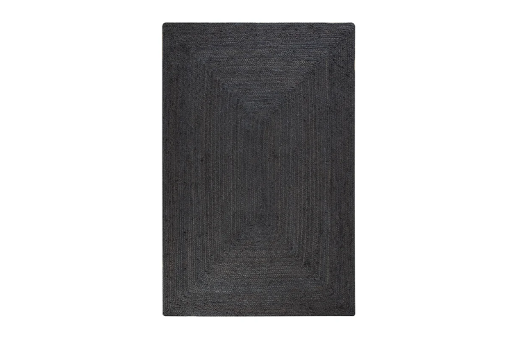 Close-up of a charcoal-colored handmade jute and sisal rug.