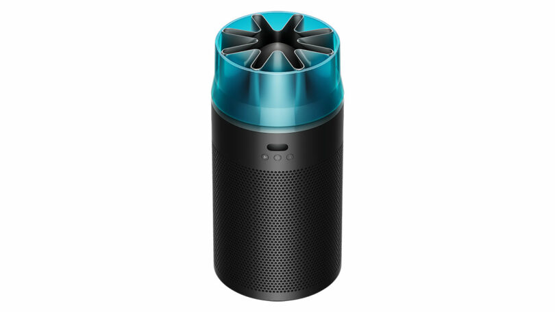 Full view of the cylindrical black and blue Dyson HushJet air purifier with perforated intake.
