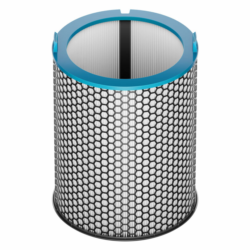 Close-up of the Dyson honeycomb-patterned replacement filter with a blue rim.