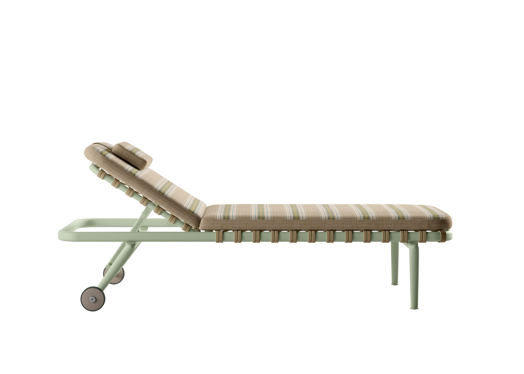 Outdoor seating in grounding neutral tones including cream white and olive bronze.