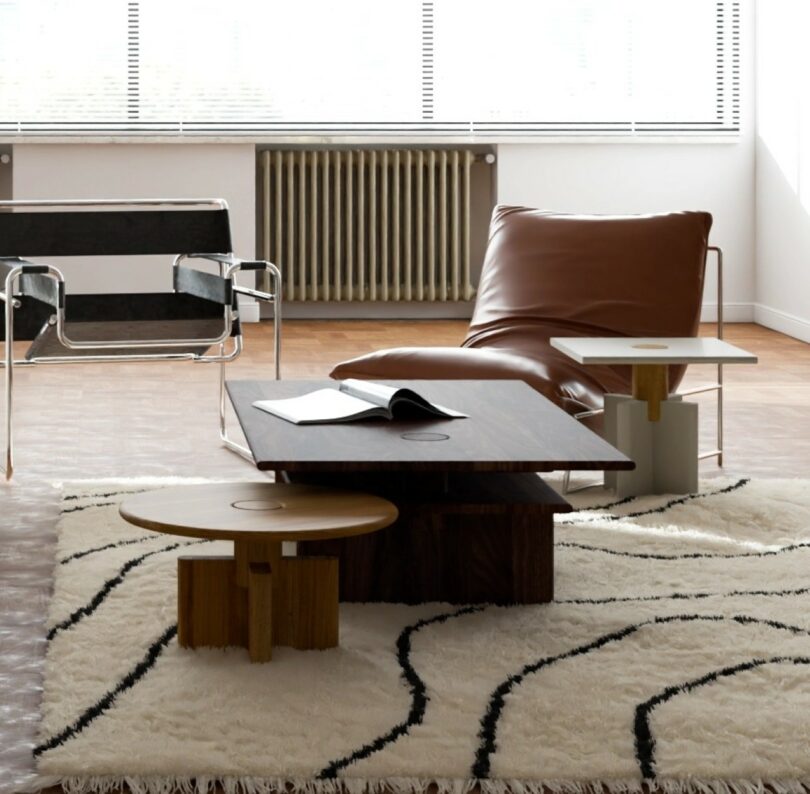 Modern living room featuring a low coffee table, leather lounge chair, and a patterned rug.