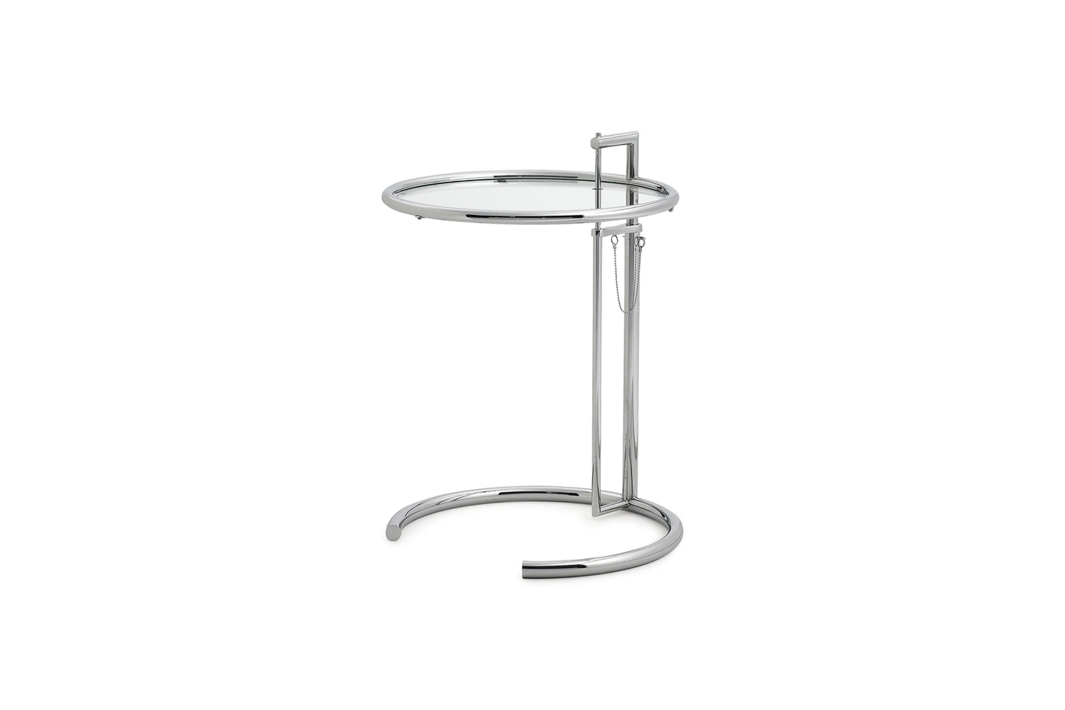 Eileen Gray E1027 adjustable side table with tubular steel and glass top.