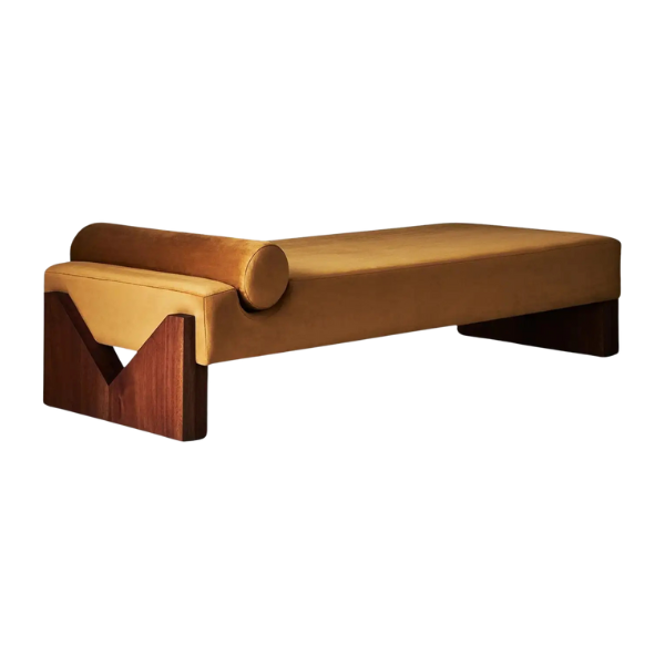 A contemporary daybed used as a room divider between a living area and a hallway.