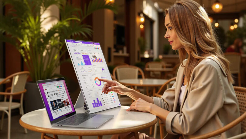 A woman working in a cafe using a laptop connected to a large external monitor showing charts.
