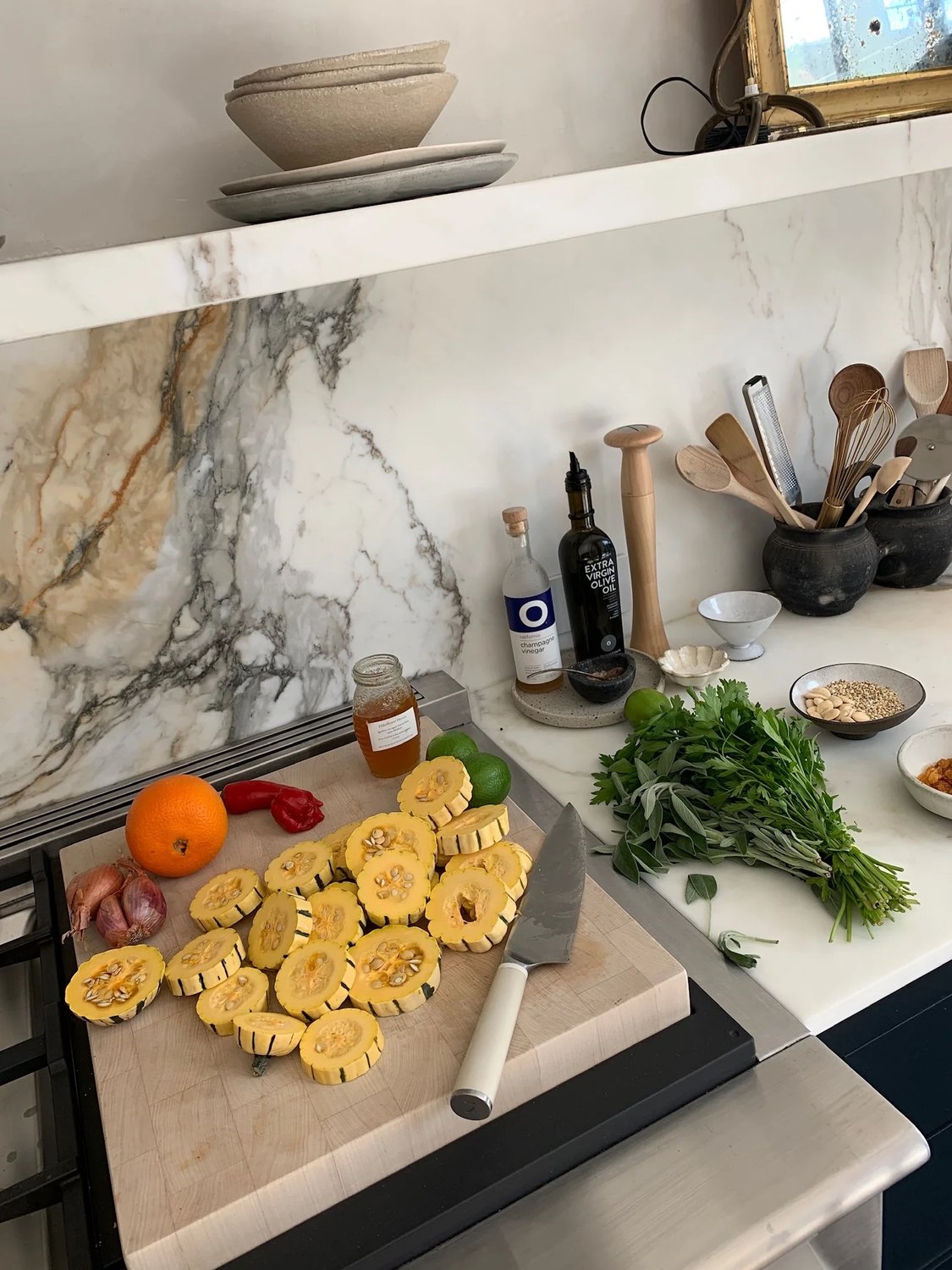 Golden brown roasted squash pieces on a baking sheet.