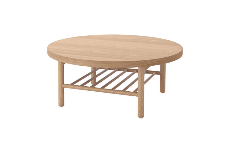 IKEA Listerby round coffee table in light oak veneer with a ribbed pedestal base.