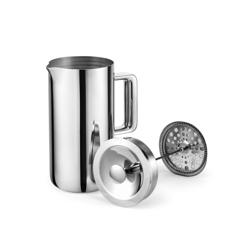 A clean, minimalist profile of the silver Aarke coffee pitcher with its lid closed.