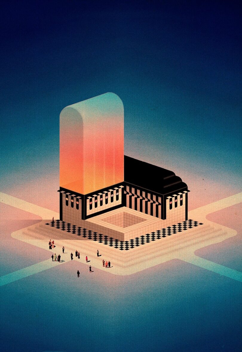 Surreal digital art blending classical architecture with a large floating gradient monolith and small human figures.