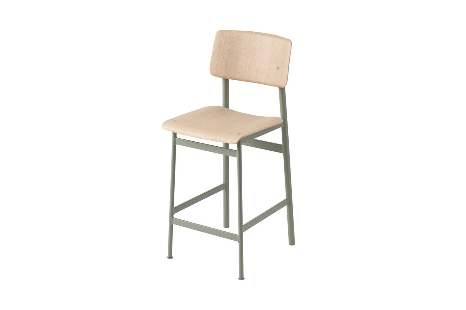 Muuto Loft Bar Stool in Dusty Green with an oak veneer seat.