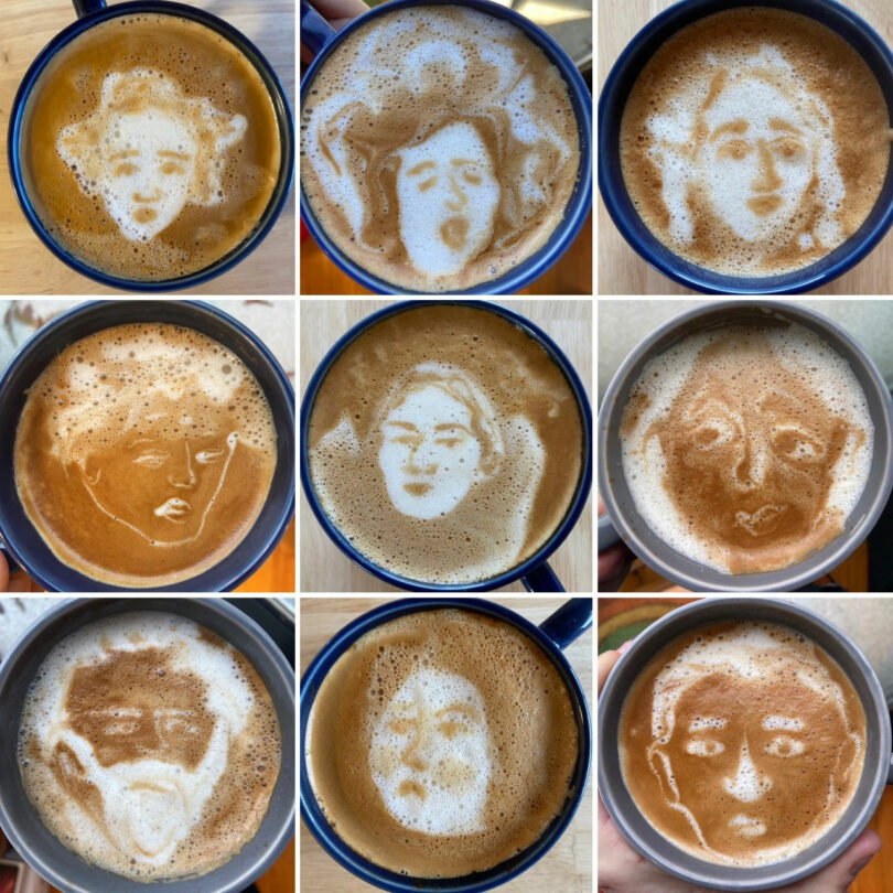 A grid of nine cups of coffee featuring various faces created with milk foam art.