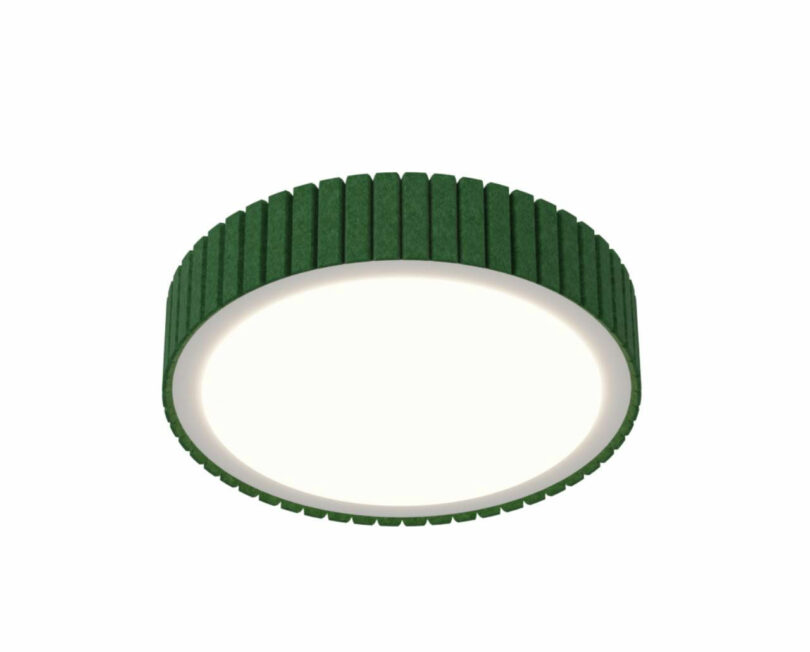 A round ceiling light with a dark green textured acoustic rim and white diffuser.