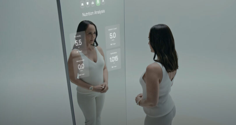 A user interacting with the smart mirror to view detailed nutrition analysis and calorie intake data.