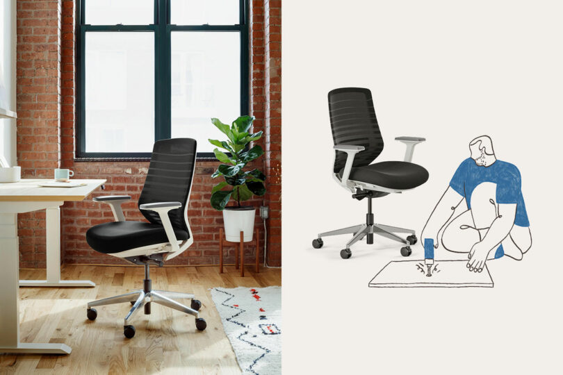 A black ergonomic office chair with a white frame in a modern office next to a drawing of chair assembly.