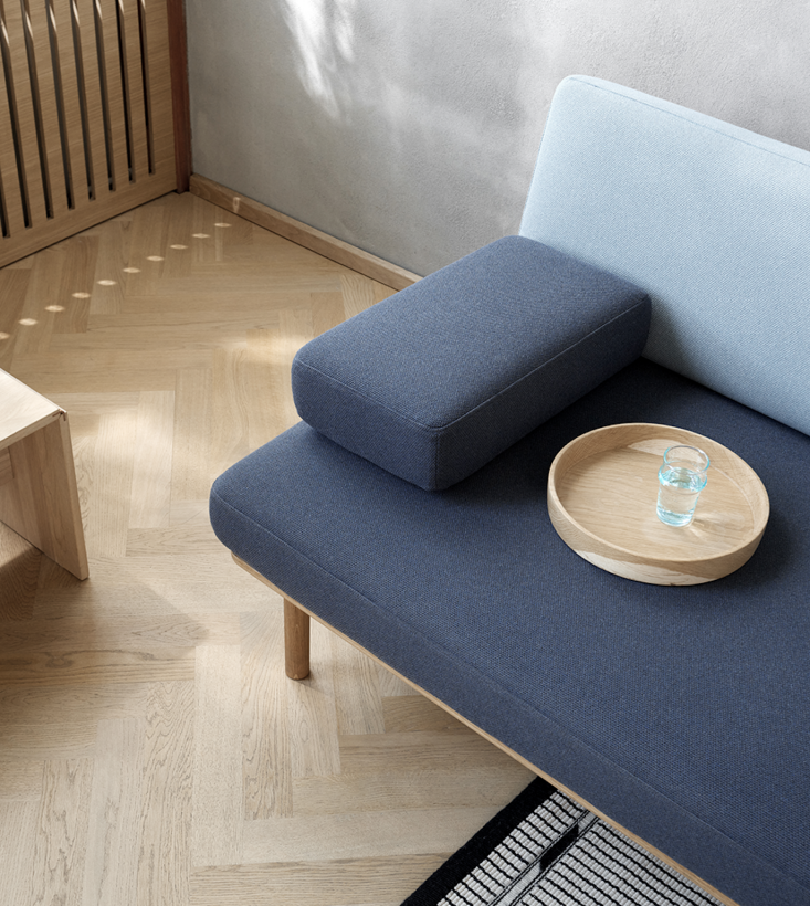 The Spoke Sofa configured without armrests to show its versatility.