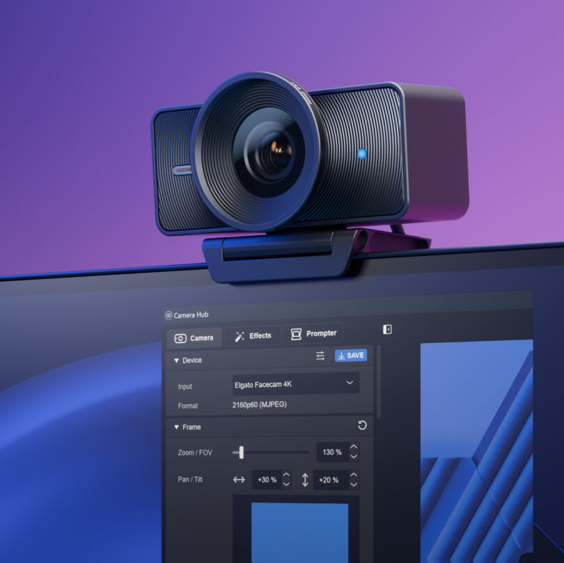 An Elgato Facecam 4K mounted on a monitor showing the Camera Hub settings interface.