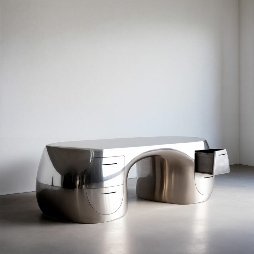 A large, metallic curved desk with an open drawer against a white wall.