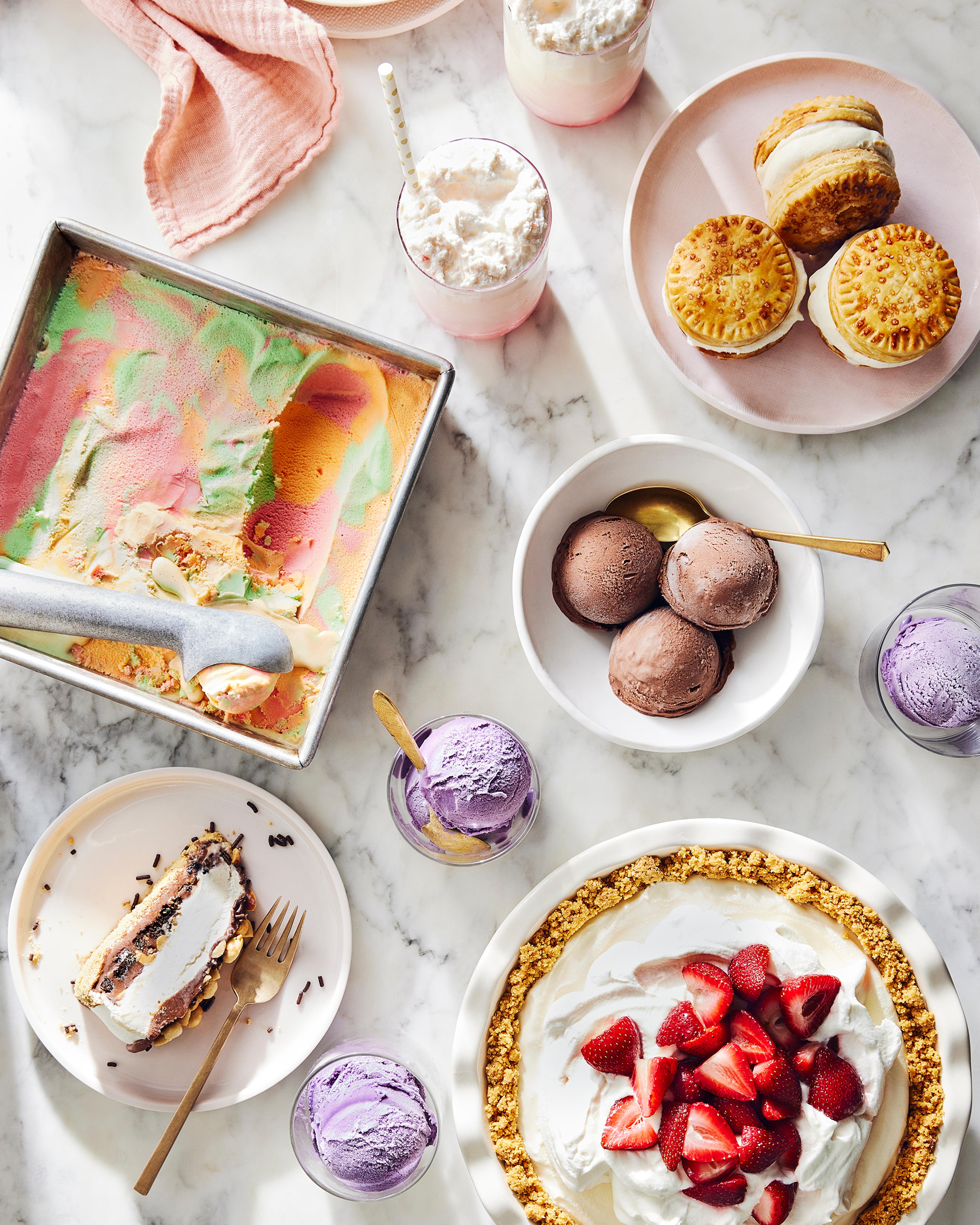 A variety of colorful sorbet and no-churn ice cream scoops arranged on a serving tray.