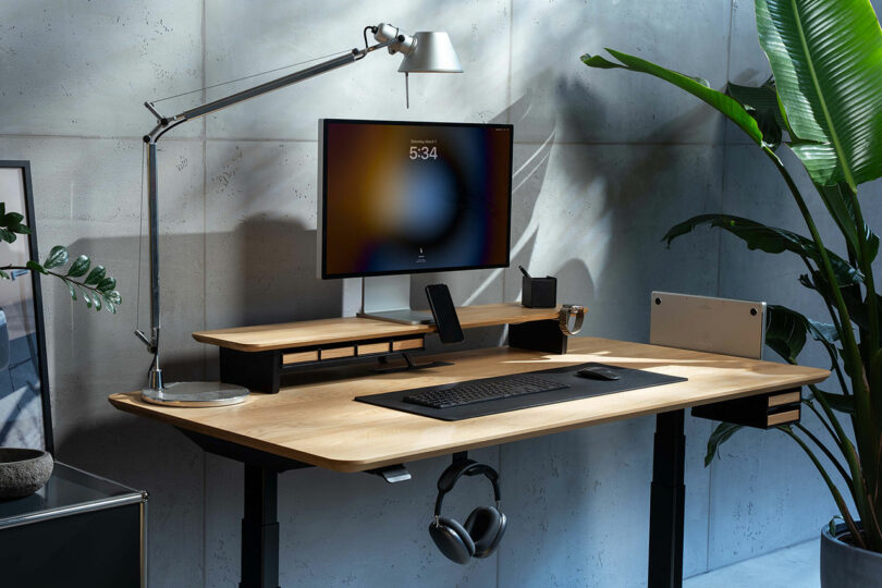 A modern well-lit workspace featuring a Balolo stand with a large monitor and desktop plants.
