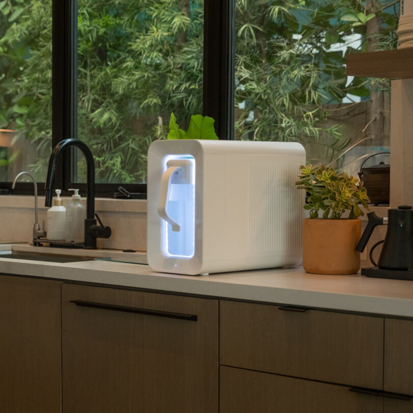 A white Spout water purifier on a kitchen counter next to a plant, with a sink and window in the background.