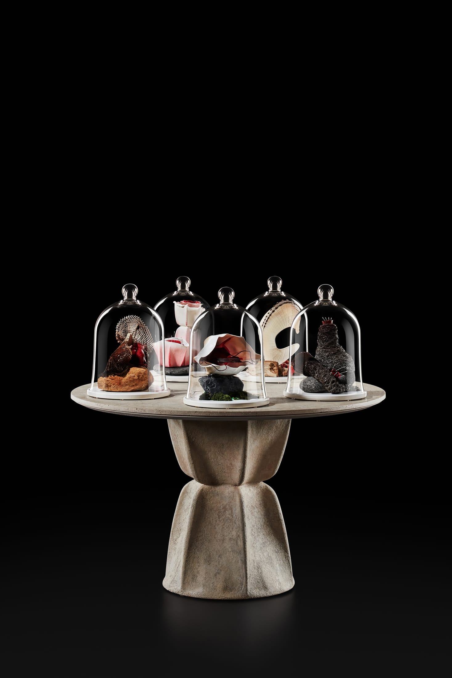 A group of Nautiloid chairs arranged around a fanning Stratigraphy table in a studio setting.