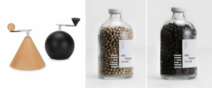 Modern spice grinders and jars of peppercorns.