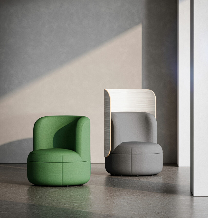 A comparison of a green lounge chair and a gray chair with a tall, curved wooden backrest.