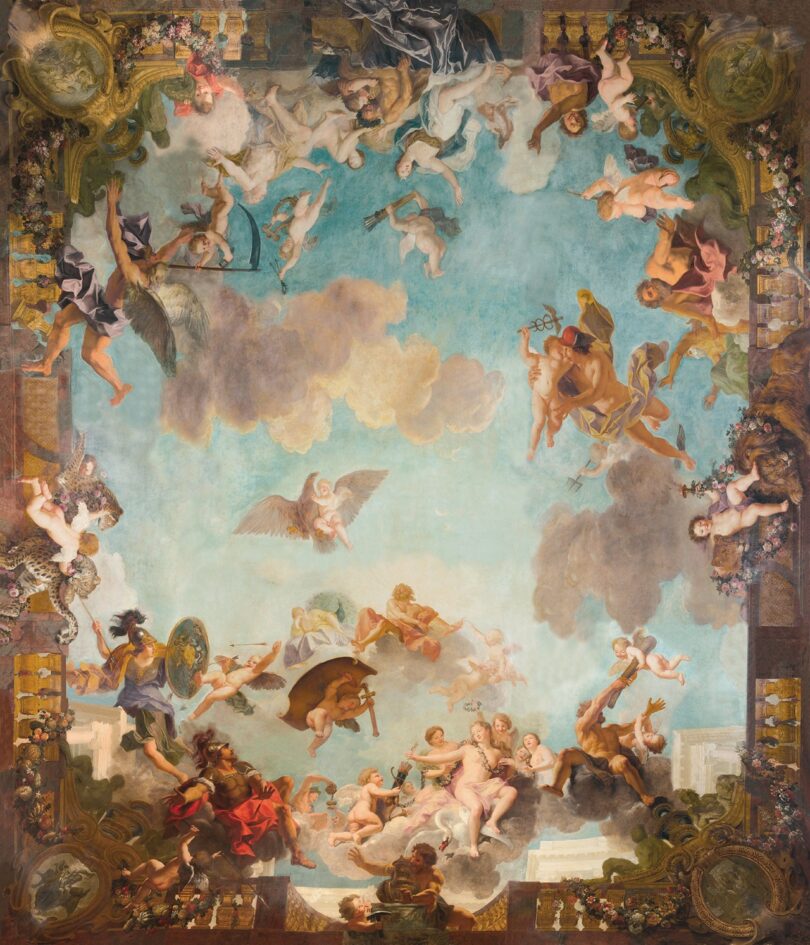 Elaborate ceiling fresco featuring mythological figures and dramatic sky patterns.
