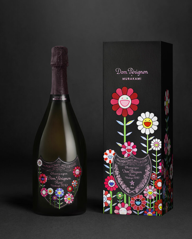 Dom Pérignon Rosé Vintage 2010 bottle and gift box with pink and purple Murakami flowers.