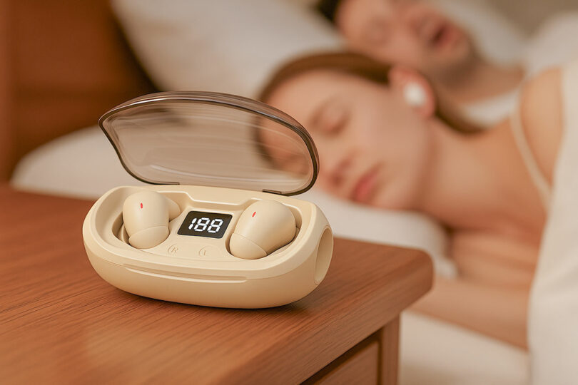 A bedside table with a pair of earbuds in their charging case, with a sleeping couple blurred in the background.