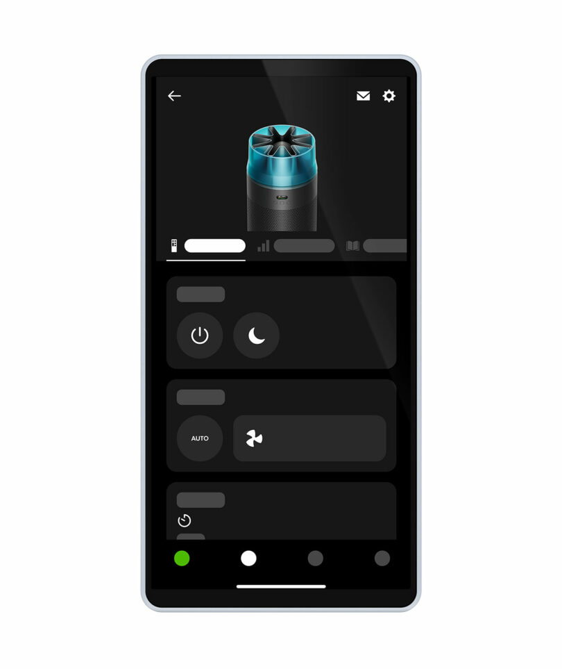 Smartphone screen showing the MyDyson app interface with air quality and fan controls.