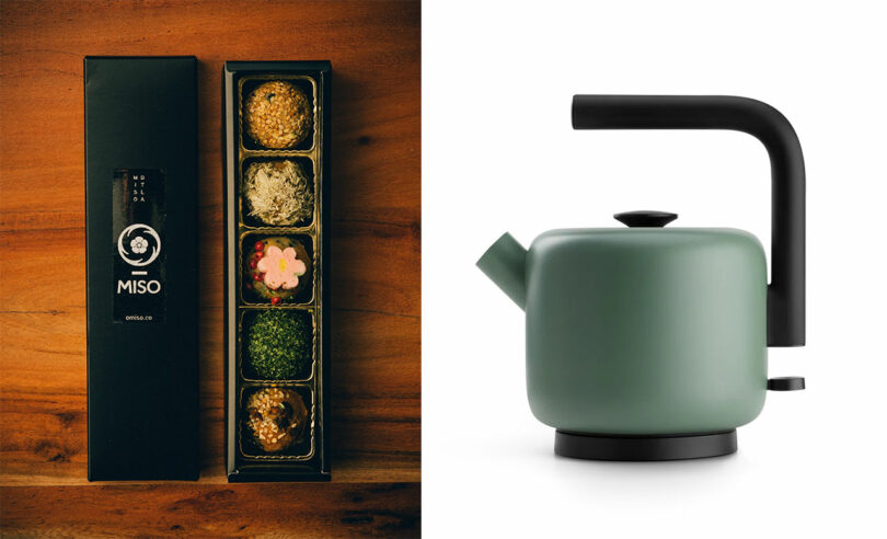 A green modern electric kettle and a box of miso balls.