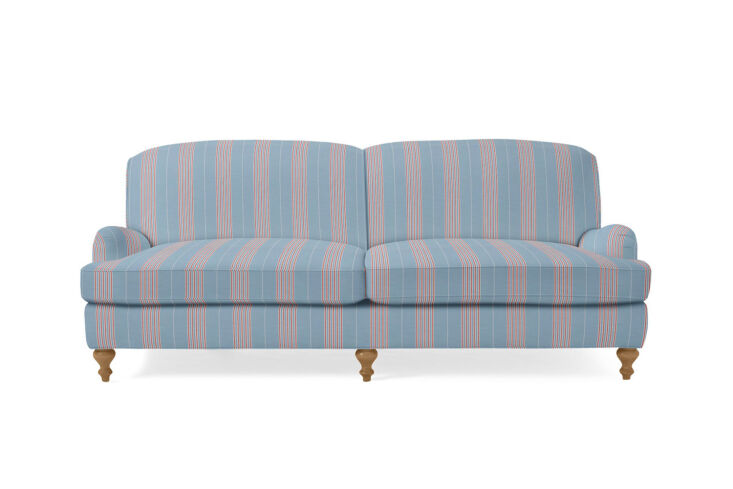 Serena & Lily Miramar Sofa with blue and white shirting-inspired upholstery.