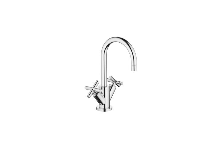 A sleek, single-hole chrome lavatory mixer faucet on a stone countertop.