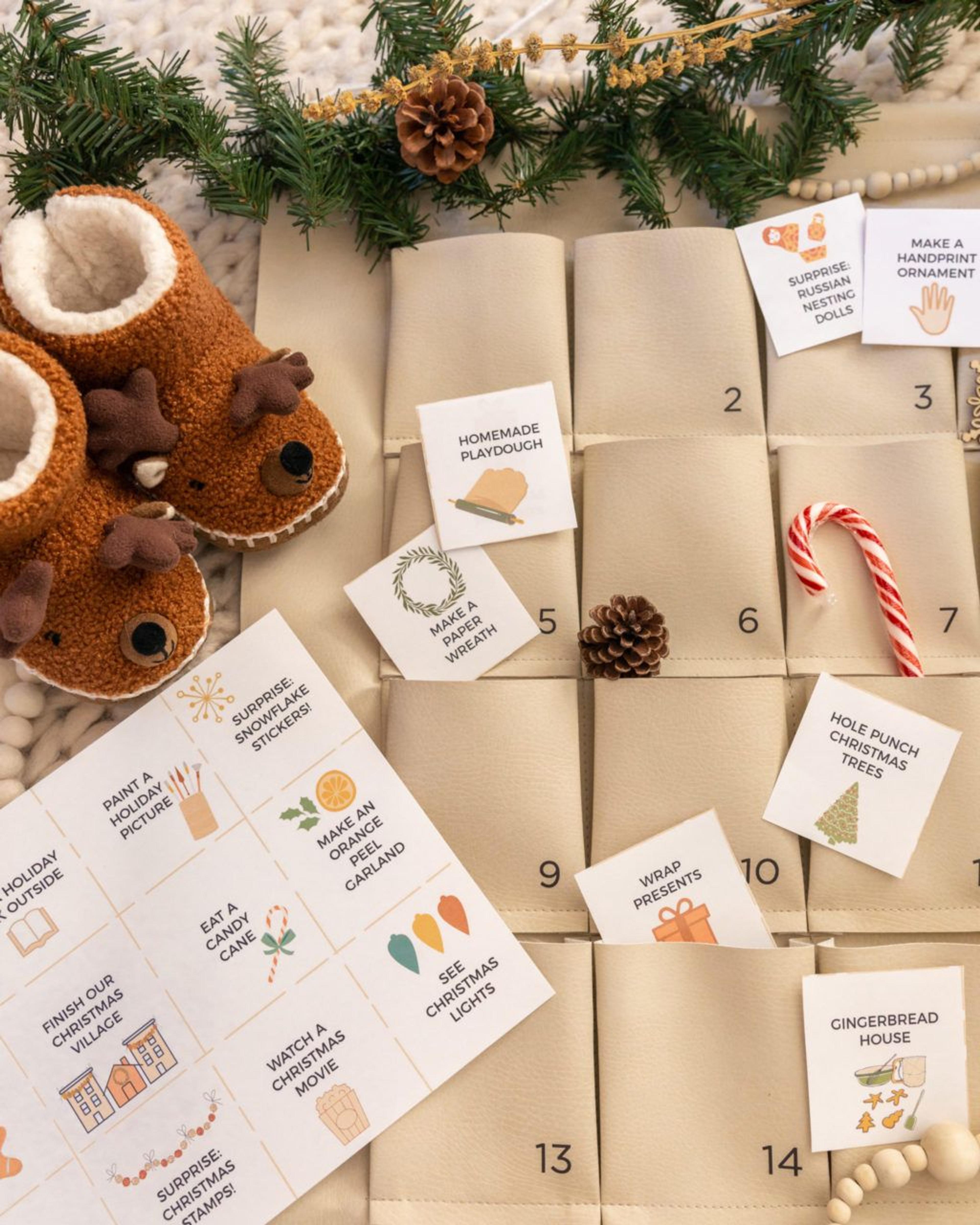 A handmade paper advent calendar with numbered envelopes or links.