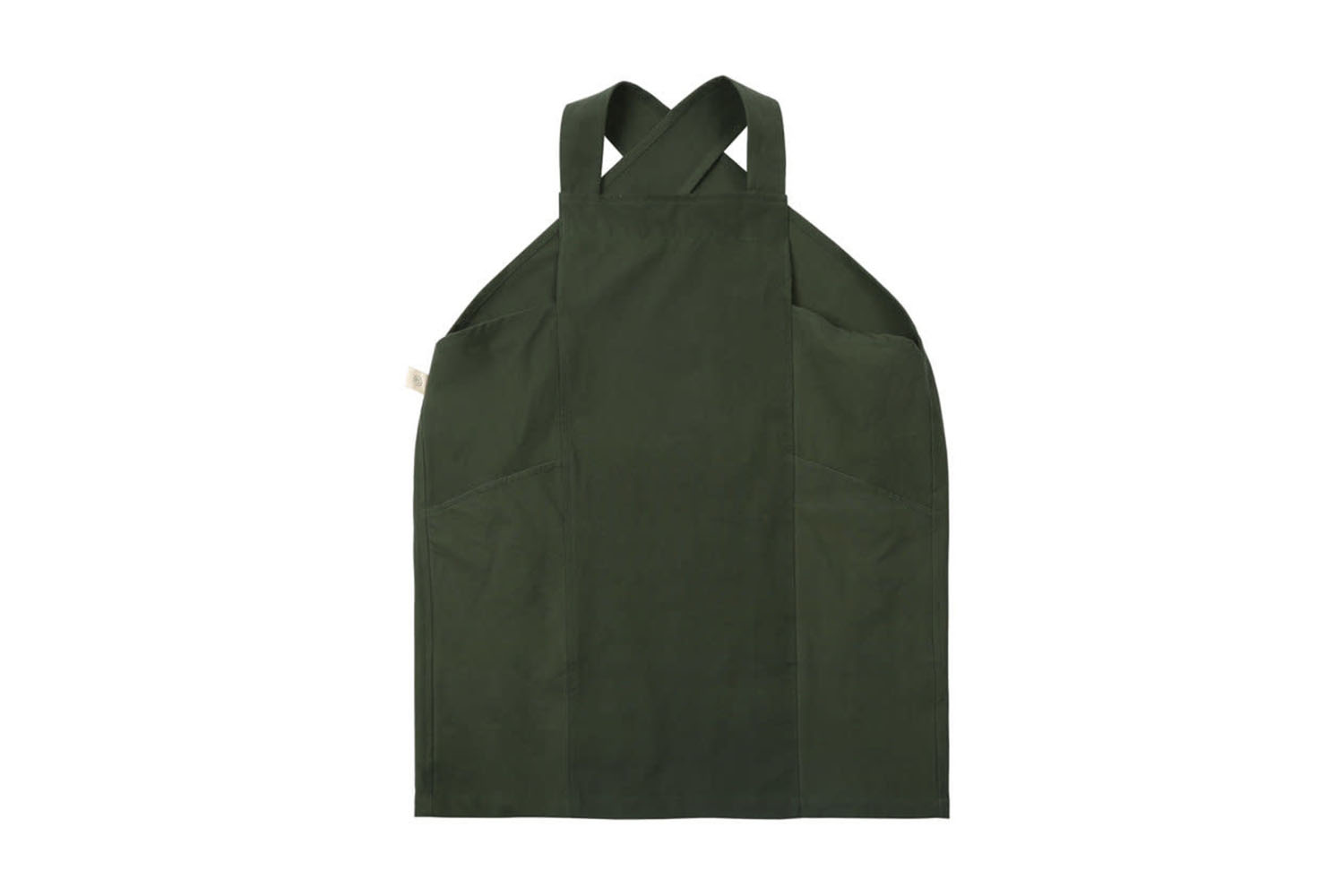 A deep green canvas workshop apron with multiple pockets.