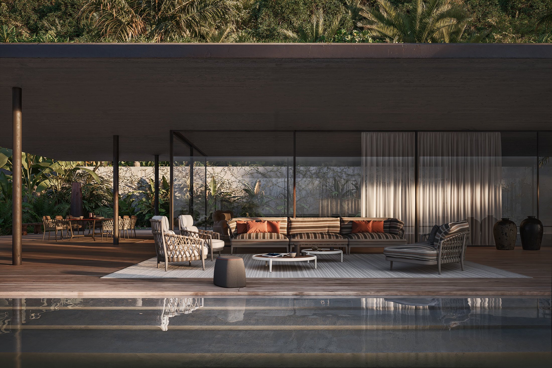 A wide view of a curved modular sofa arrangement in a modern garden setting.